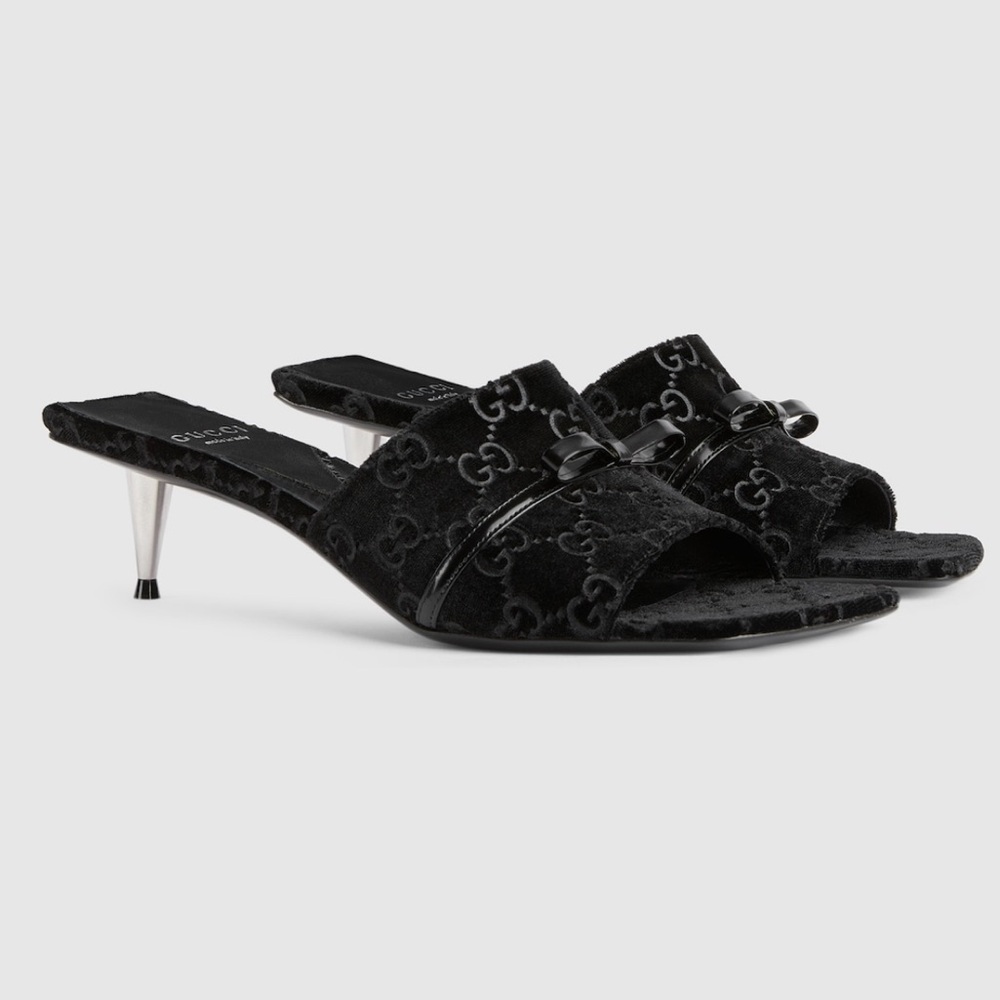 New Gucci Black Velvet GG Bow Heels